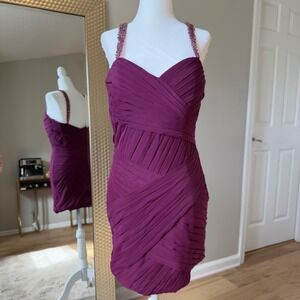 La Femme Beaded Strap Ruched Cocktail Dress Purple Size 10 Formal Party